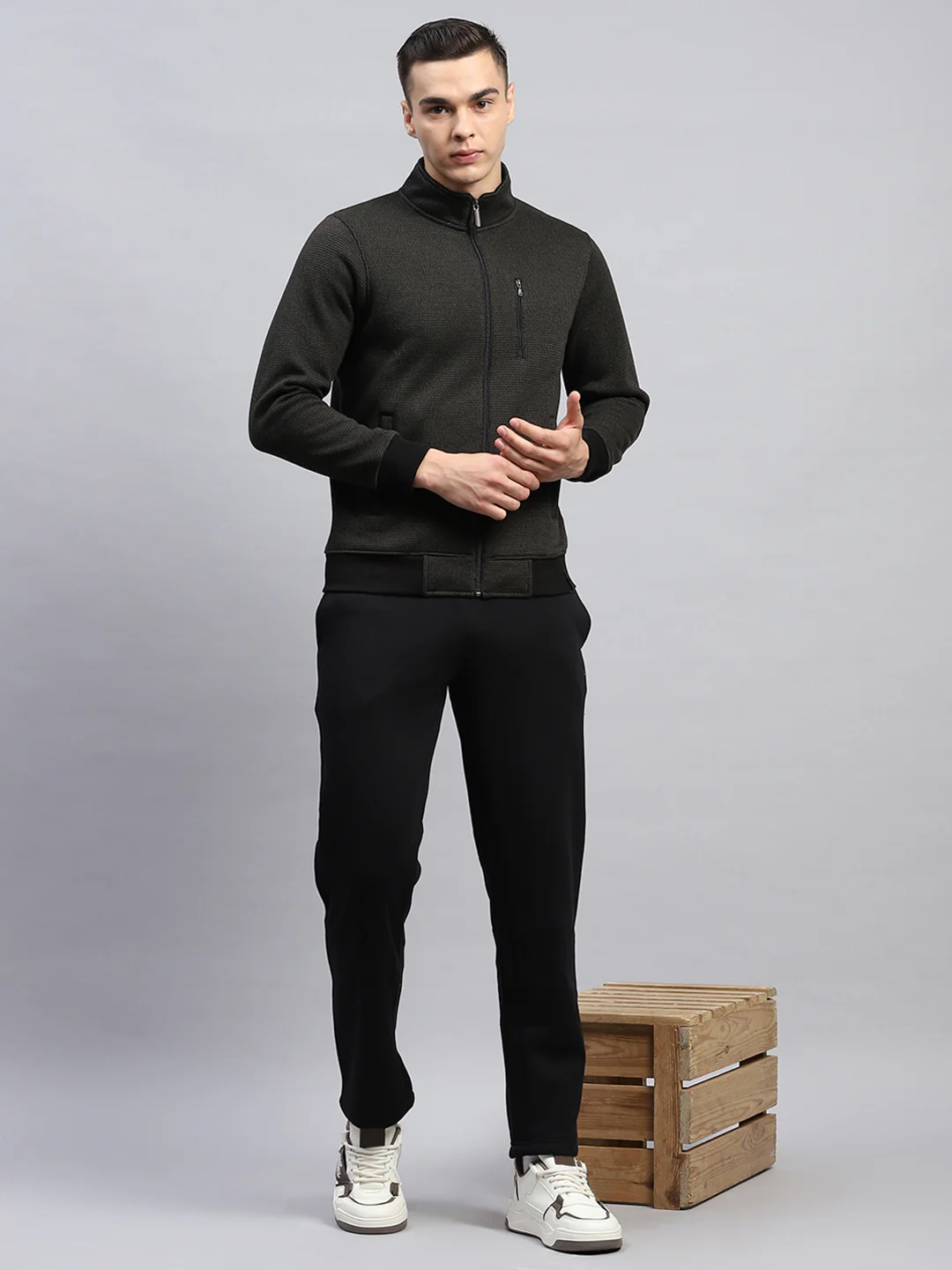 Men Black Self Design Mock Neck Full Sleeve Winter Tracksuit - Image 2