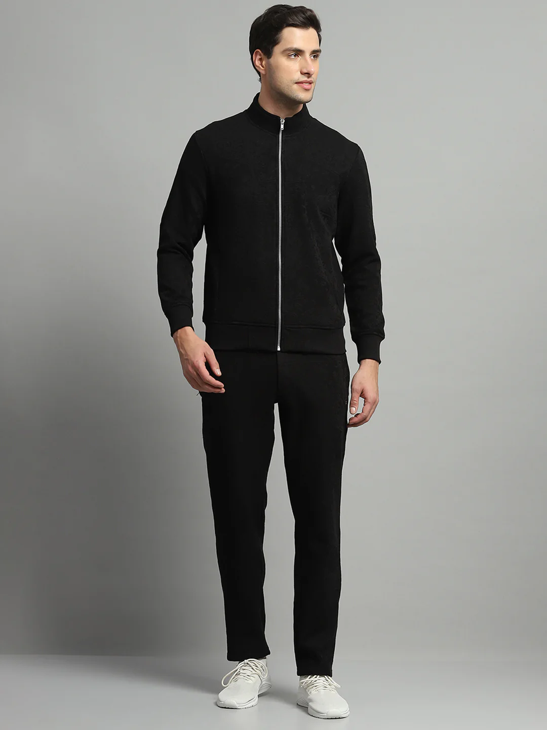 Luxuria Men Black Self Design Mock Neck Full Sleeve Winter Tracksuit