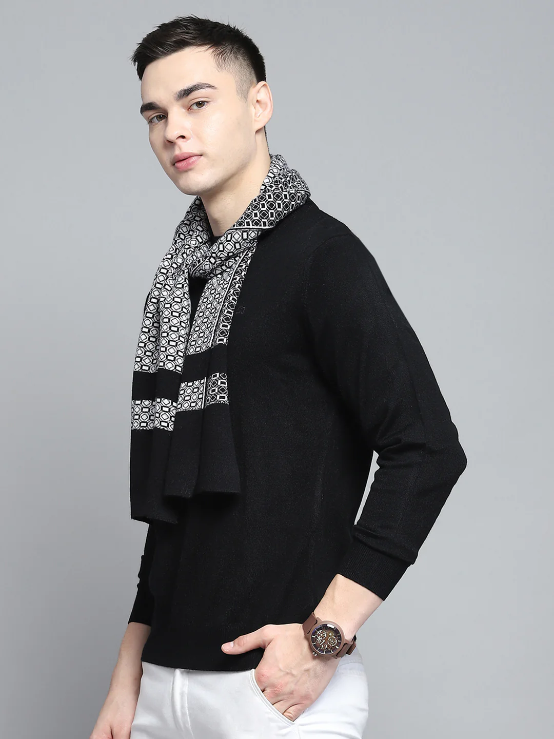 Men Black Self Design Muffler - Image 3