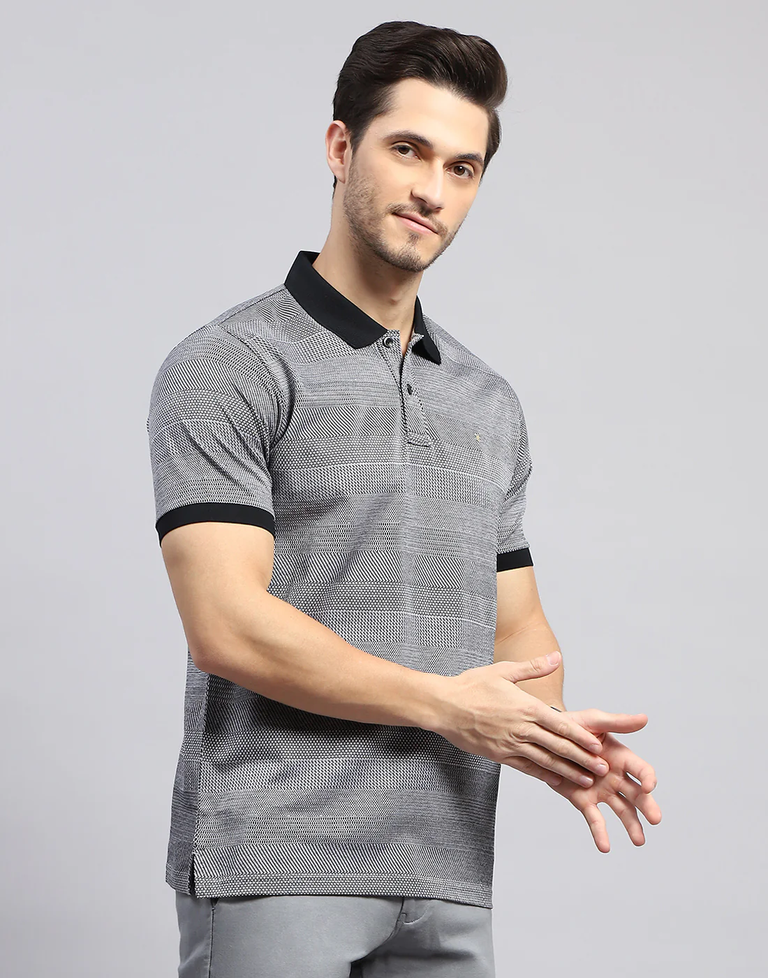 Men Black Self Design Polo Collar Half Sleeve T-Shirt - Image 4