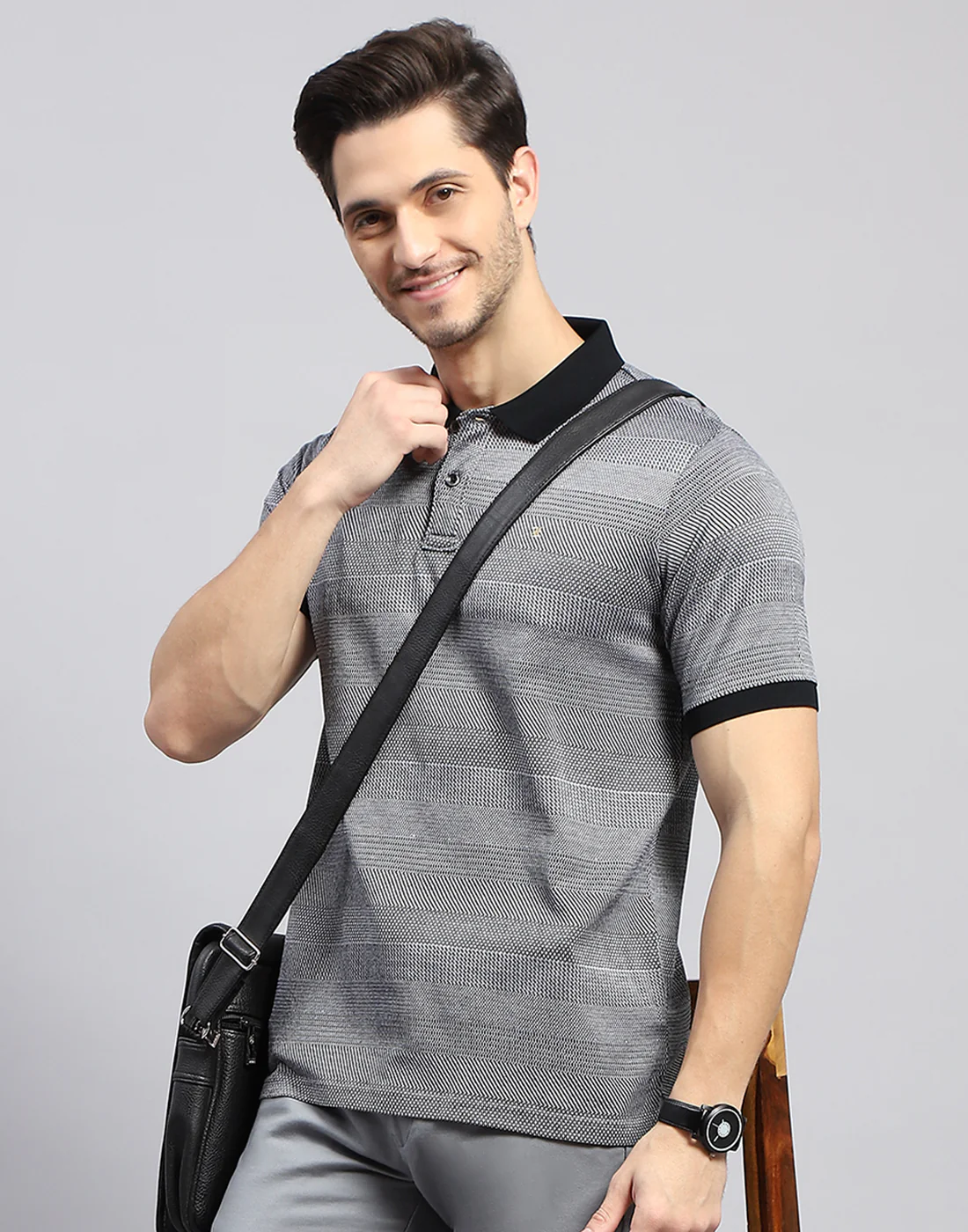 Men Black Self Design Polo Collar Half Sleeve T-Shirt - Image 6