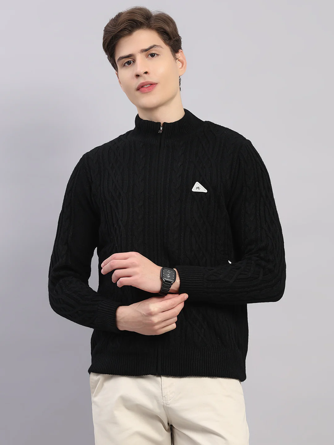 Men Black Self Design Round Neck Full Sleeve Jacket