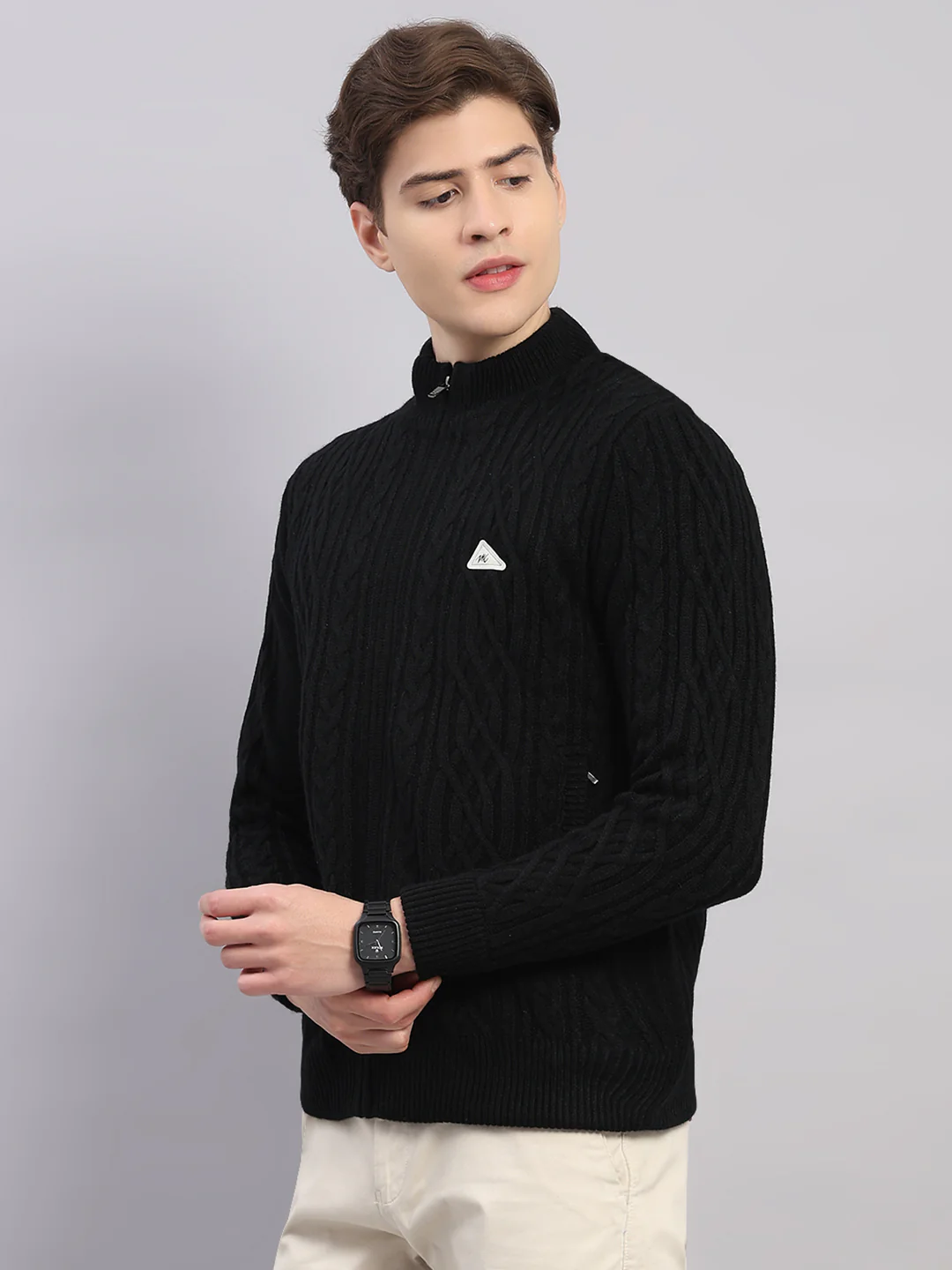Men Black Self Design Round Neck Full Sleeve Jacket - Image 3