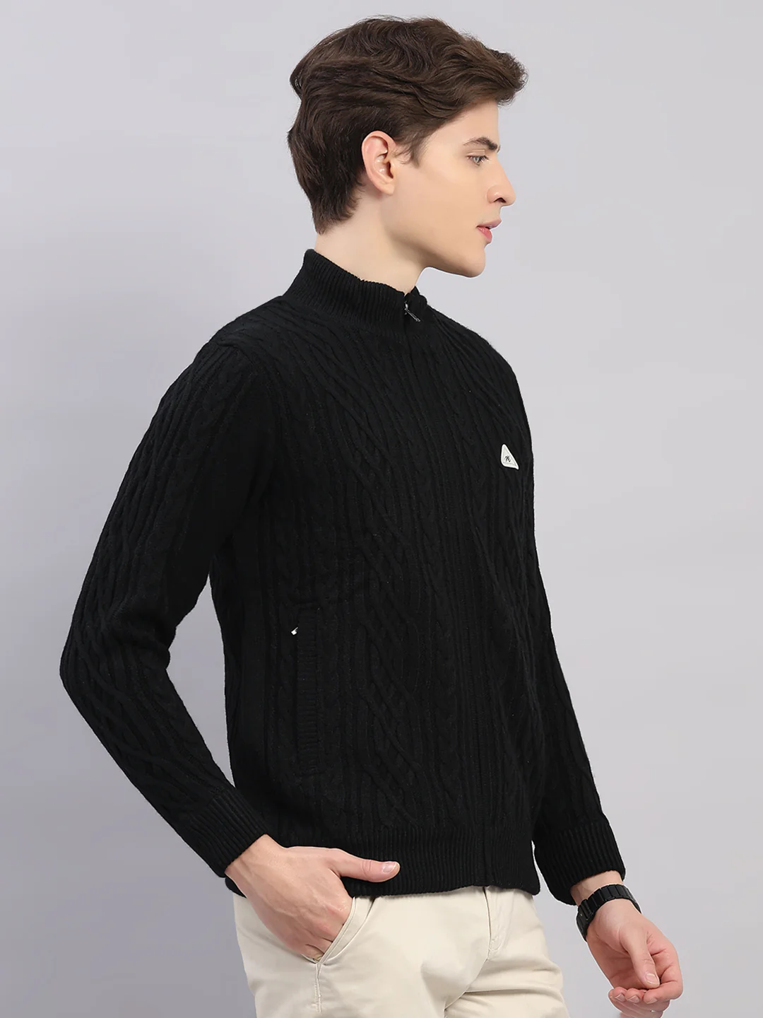 Men Black Self Design Round Neck Full Sleeve Jacket - Image 4