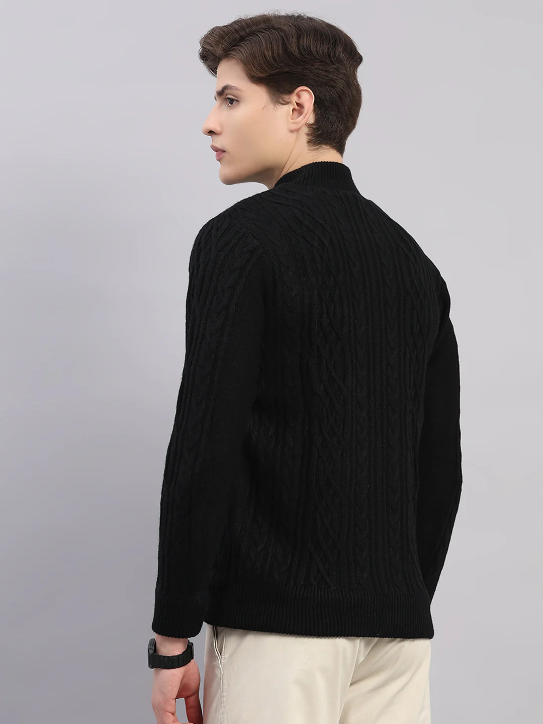Men Black Self Design Round Neck Full Sleeve Jacket - Image 5