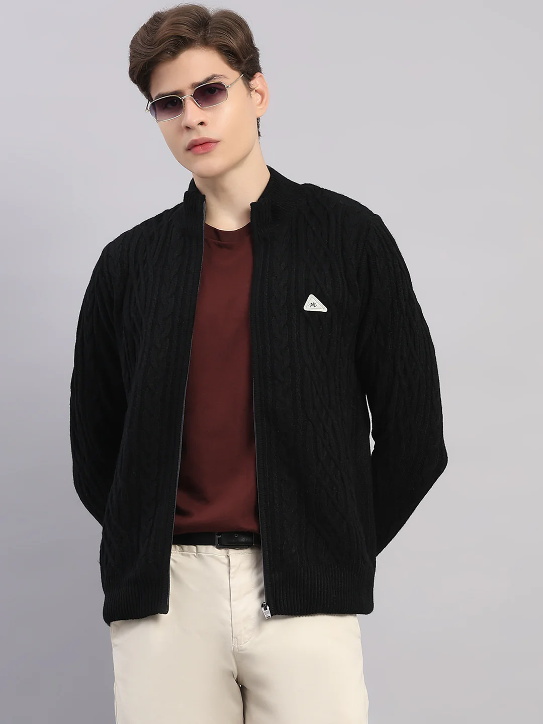 Men Black Self Design Round Neck Full Sleeve Jacket - Image 6