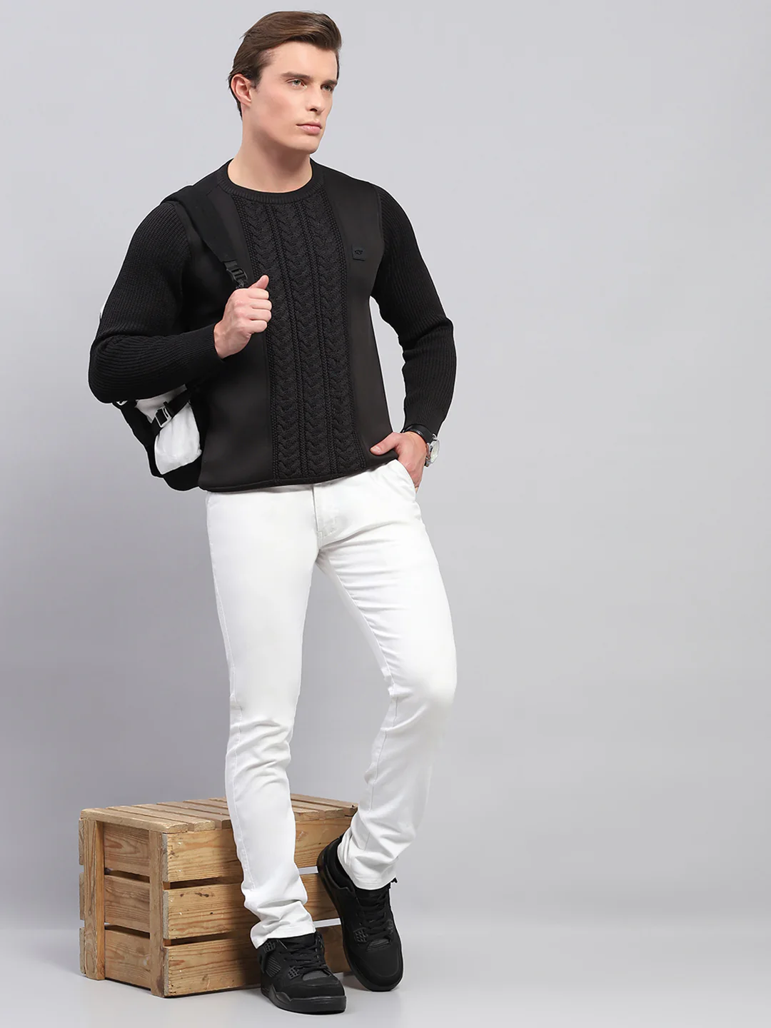 Men Black Self Design Round Neck Full Sleeve Pullover - Image 2