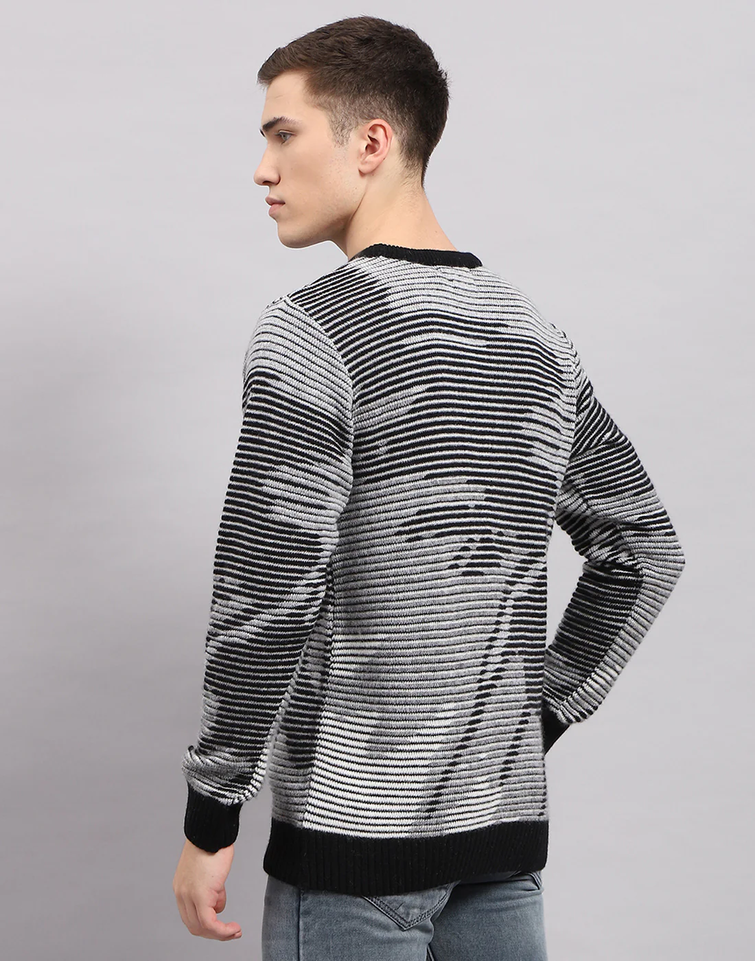Men Black Self Design Round Neck Full Sleeve Pullover - Image 5