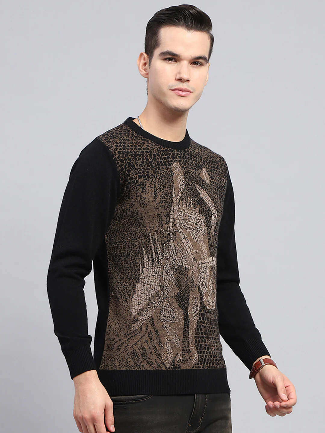 Men Black Self Design Round Neck Full Sleeve Pullover - Image 4
