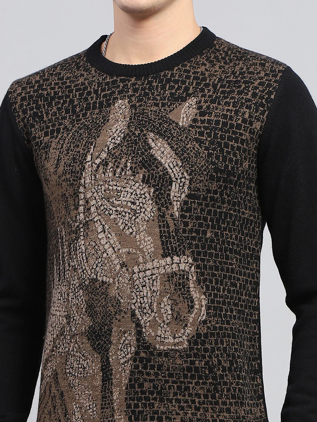 Men Black Self Design Round Neck Full Sleeve Pullover - Image 6
