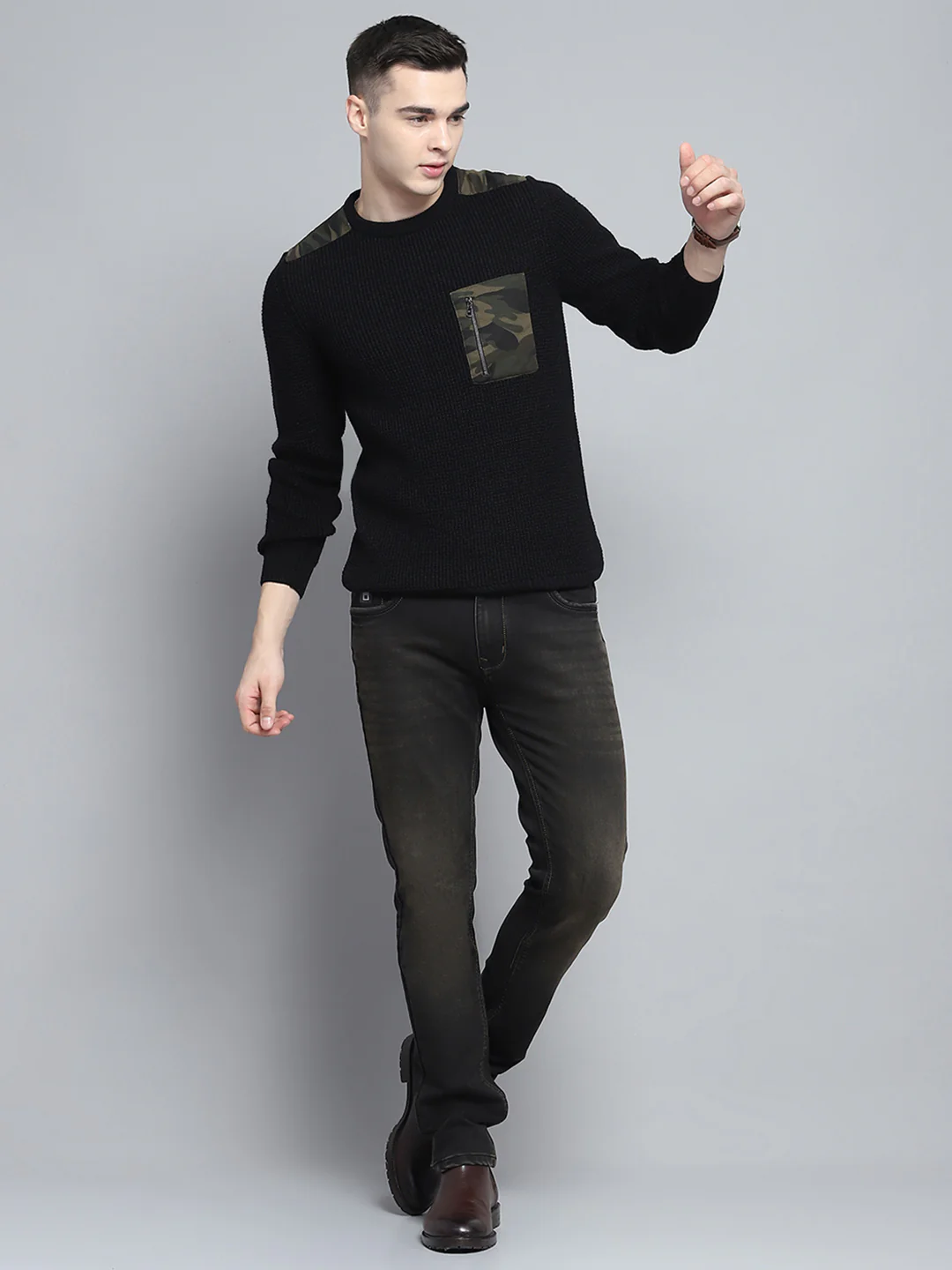 Men Black Self Design Round Neck Full Sleeve Pullover - Image 2