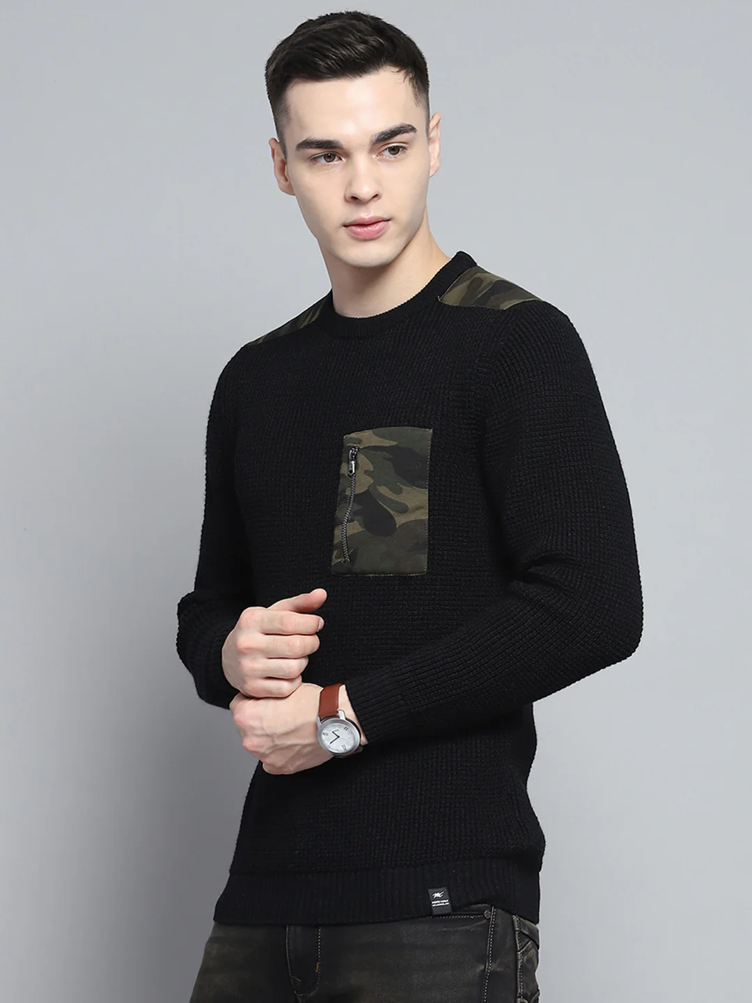 Men Black Self Design Round Neck Full Sleeve Pullover - Image 3