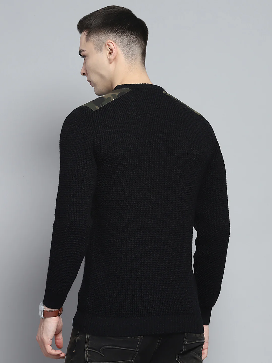 Men Black Self Design Round Neck Full Sleeve Pullover - Image 5