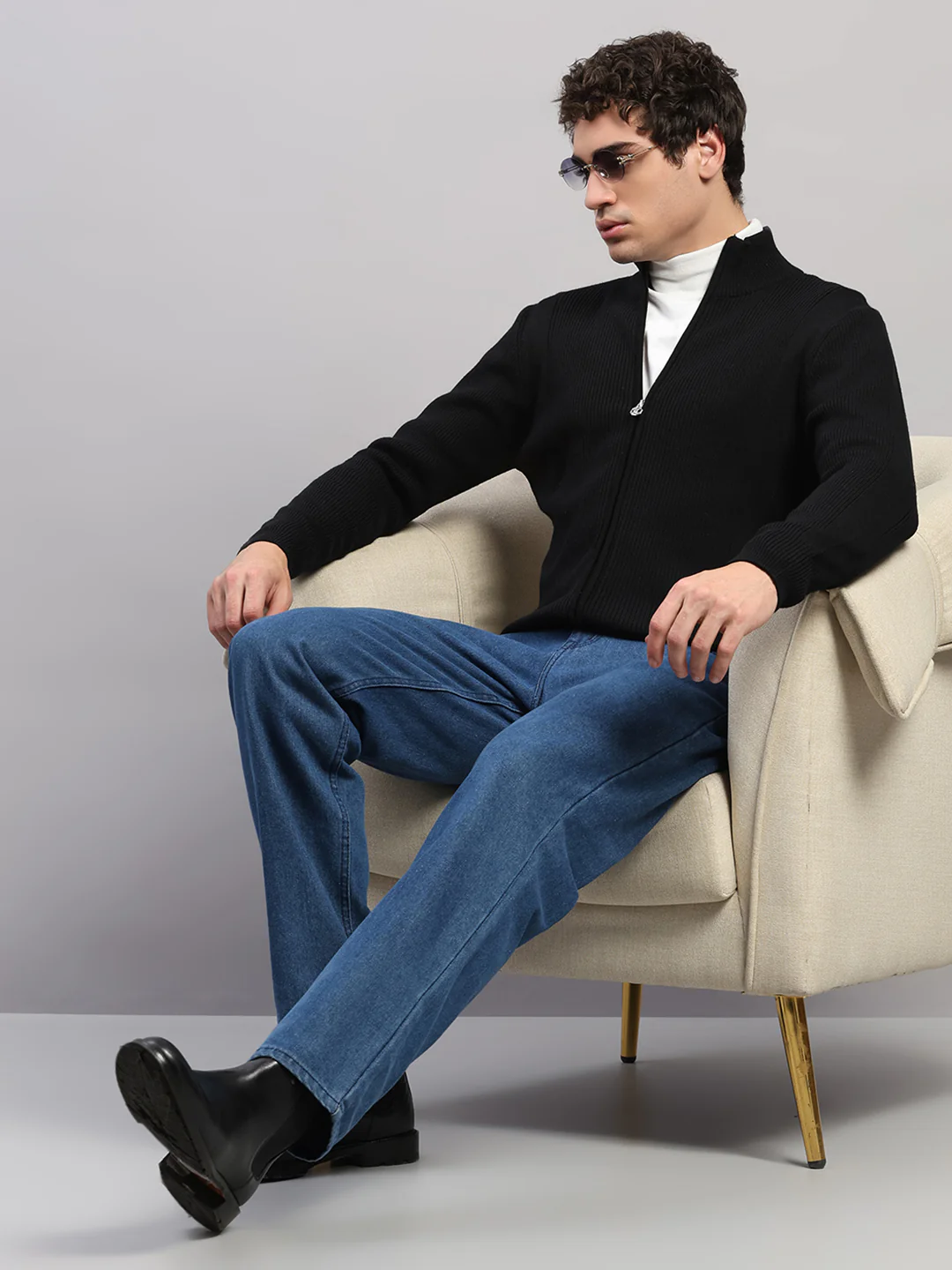 Luxuria Men Black Self Design Round Neck Full Sleeve Pullover - Image 2