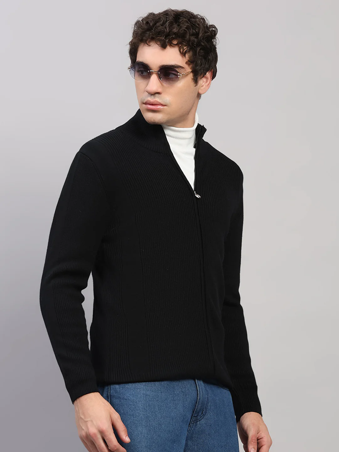 Luxuria Men Black Self Design Round Neck Full Sleeve Pullover - Image 4
