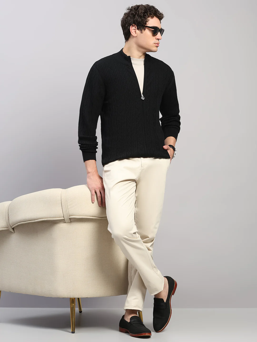 Luxuria Men Black Self Design Round Neck Full Sleeve Pullover - Image 2