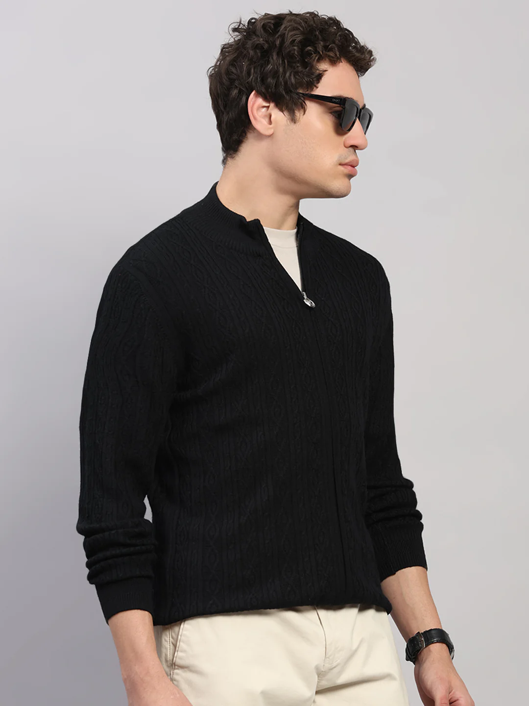 Luxuria Men Black Self Design Round Neck Full Sleeve Pullover - Image 4