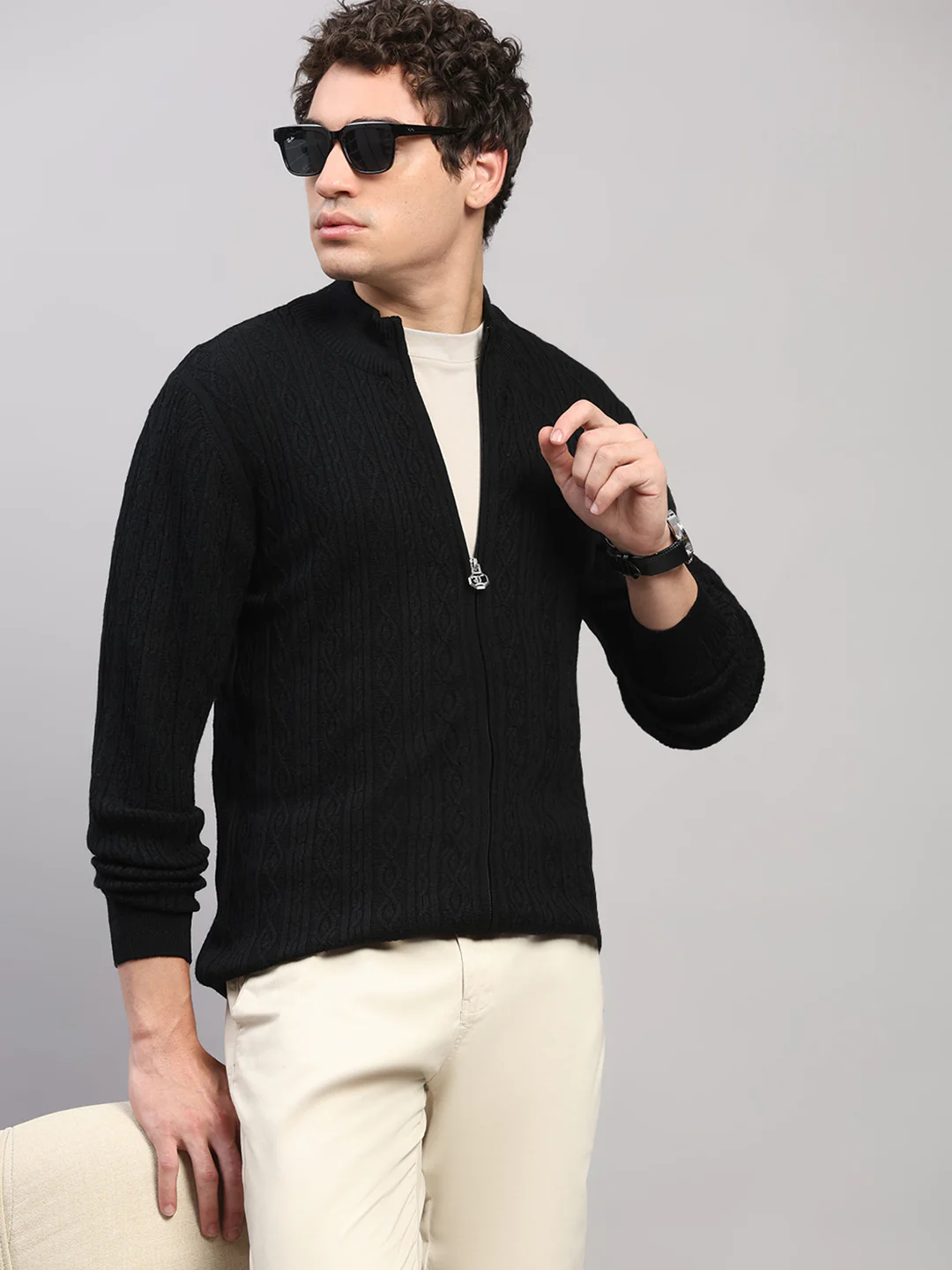 Luxuria Men Black Self Design Round Neck Full Sleeve Pullover - Image 6