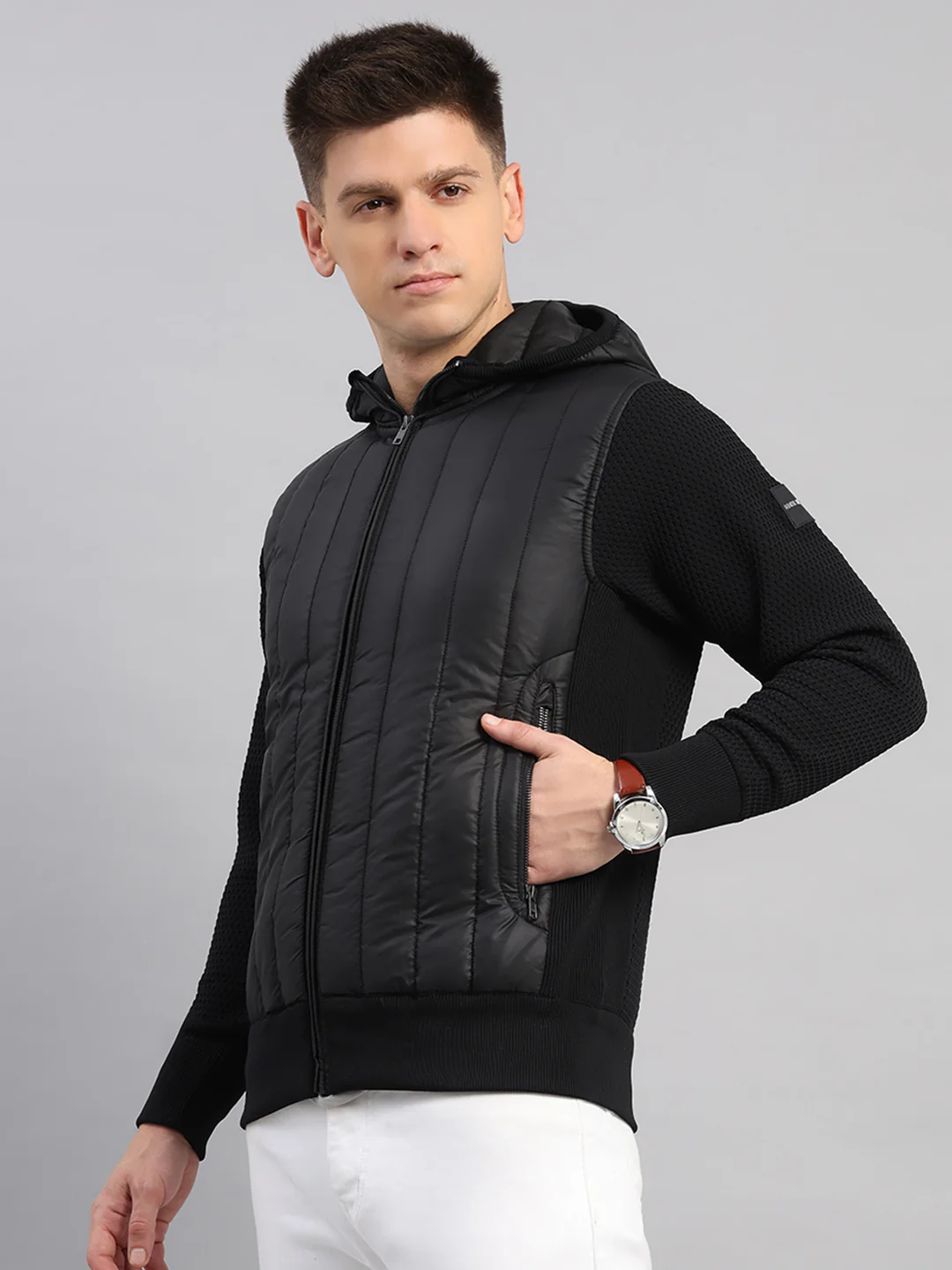 Men Black Self Design Round Neck Full Sleeve Pullover - Image 3