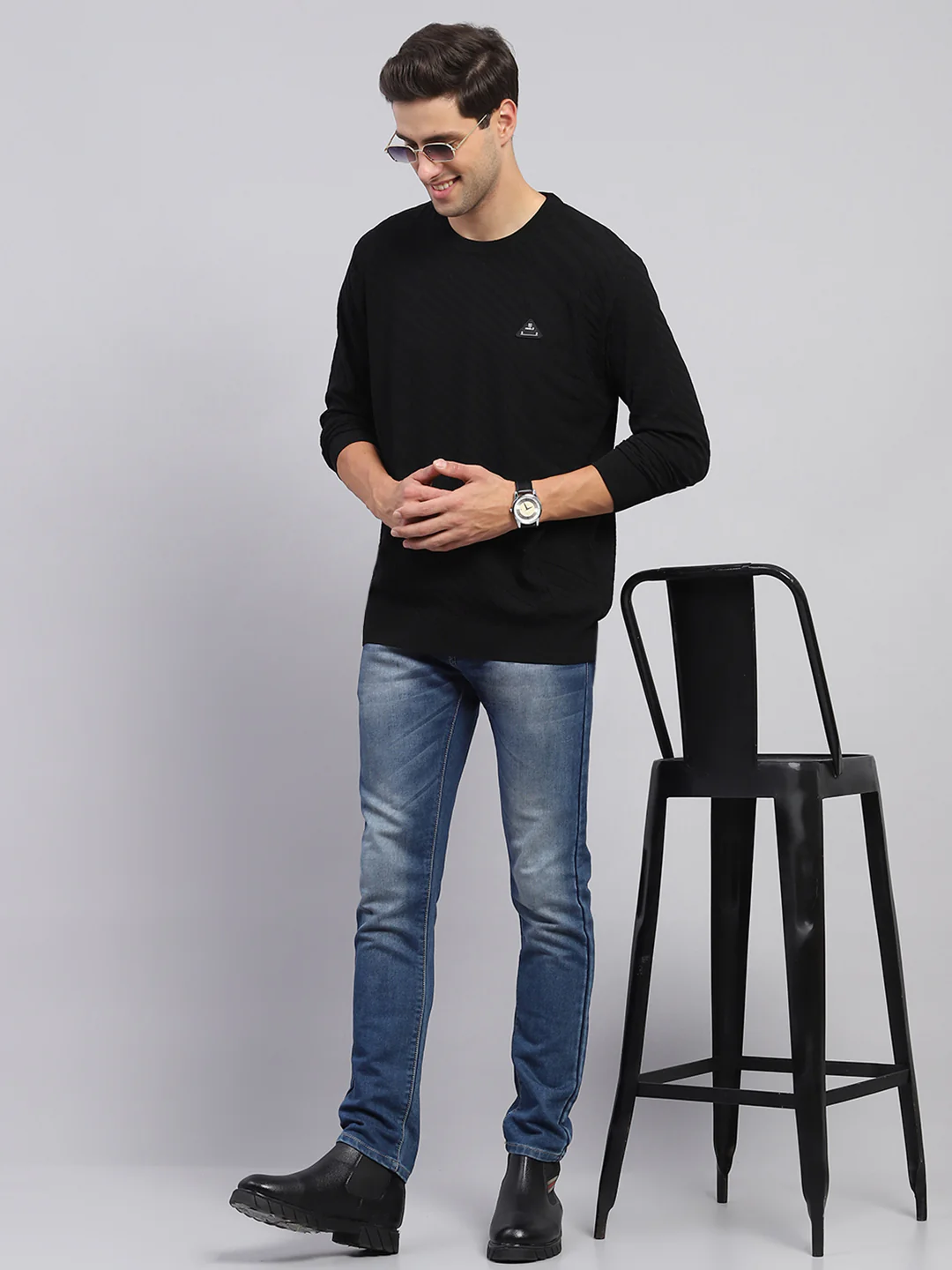 Rock.it Men Black Self Design Round Neck Full Sleeve Pullover - Image 2