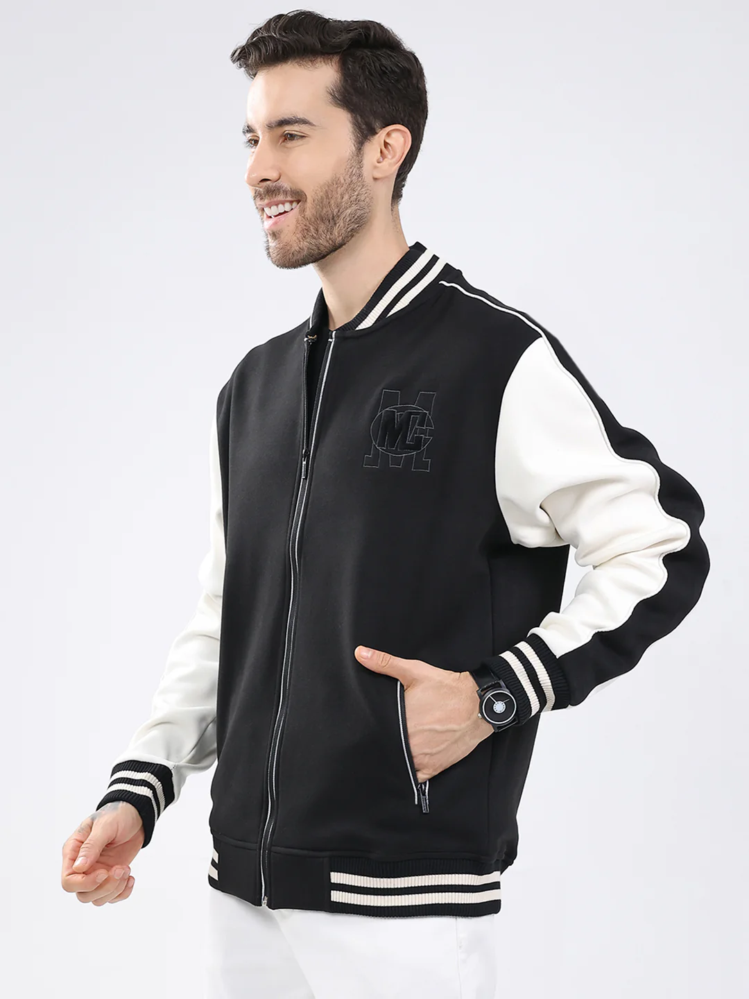 Men Black Self Design Round Neck Full Sleeve Sweatshirt - Image 3