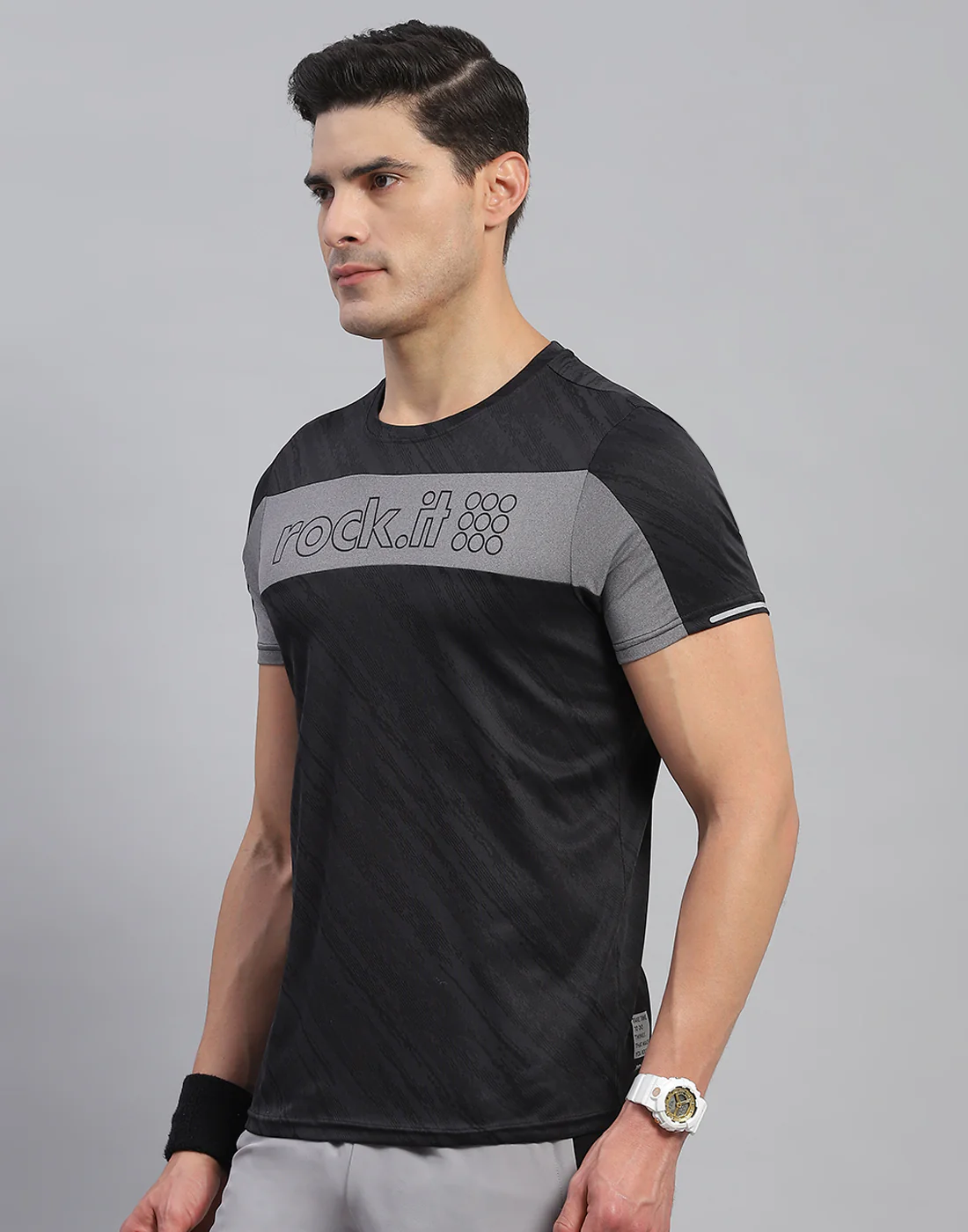 Rock.it Men Black Self Design Round Neck Half Sleeve T-Shirt - Image 3