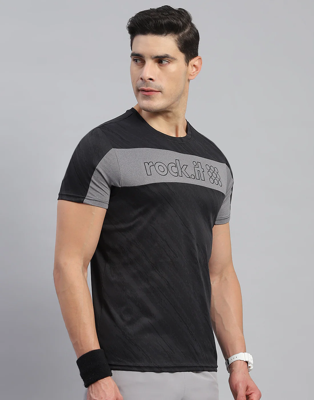 Rock.it Men Black Self Design Round Neck Half Sleeve T-Shirt - Image 4