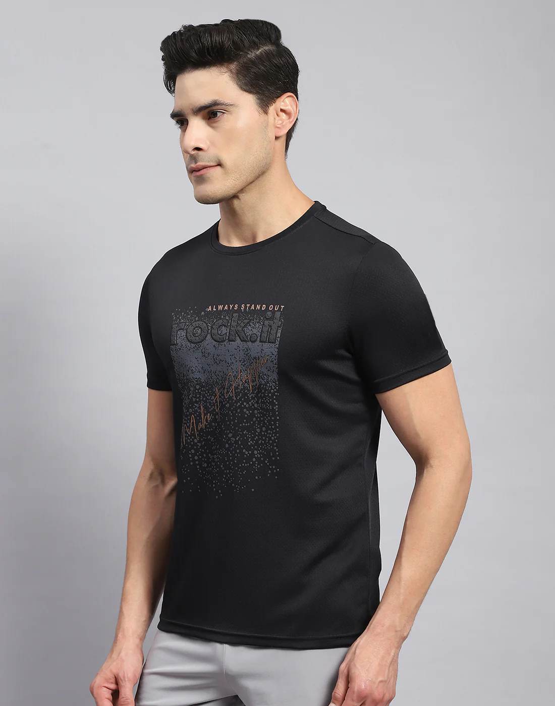 Rock.it Men Black Self Design Round Neck Half Sleeve T-Shirt - Image 3