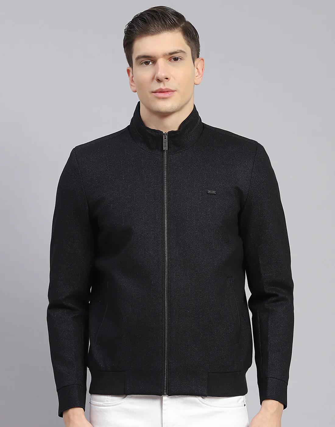 Men Black Self Design Stand Collar Full Sleeve Jacket - Image 3