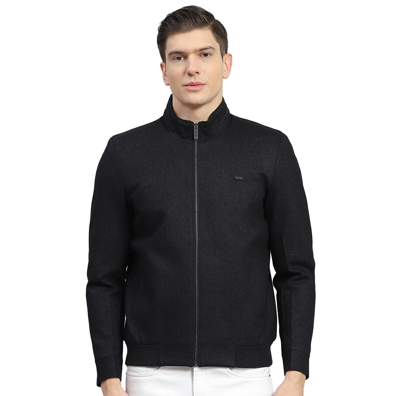Men Black Self Design Stand Collar Full Sleeve Jacket - Image 5