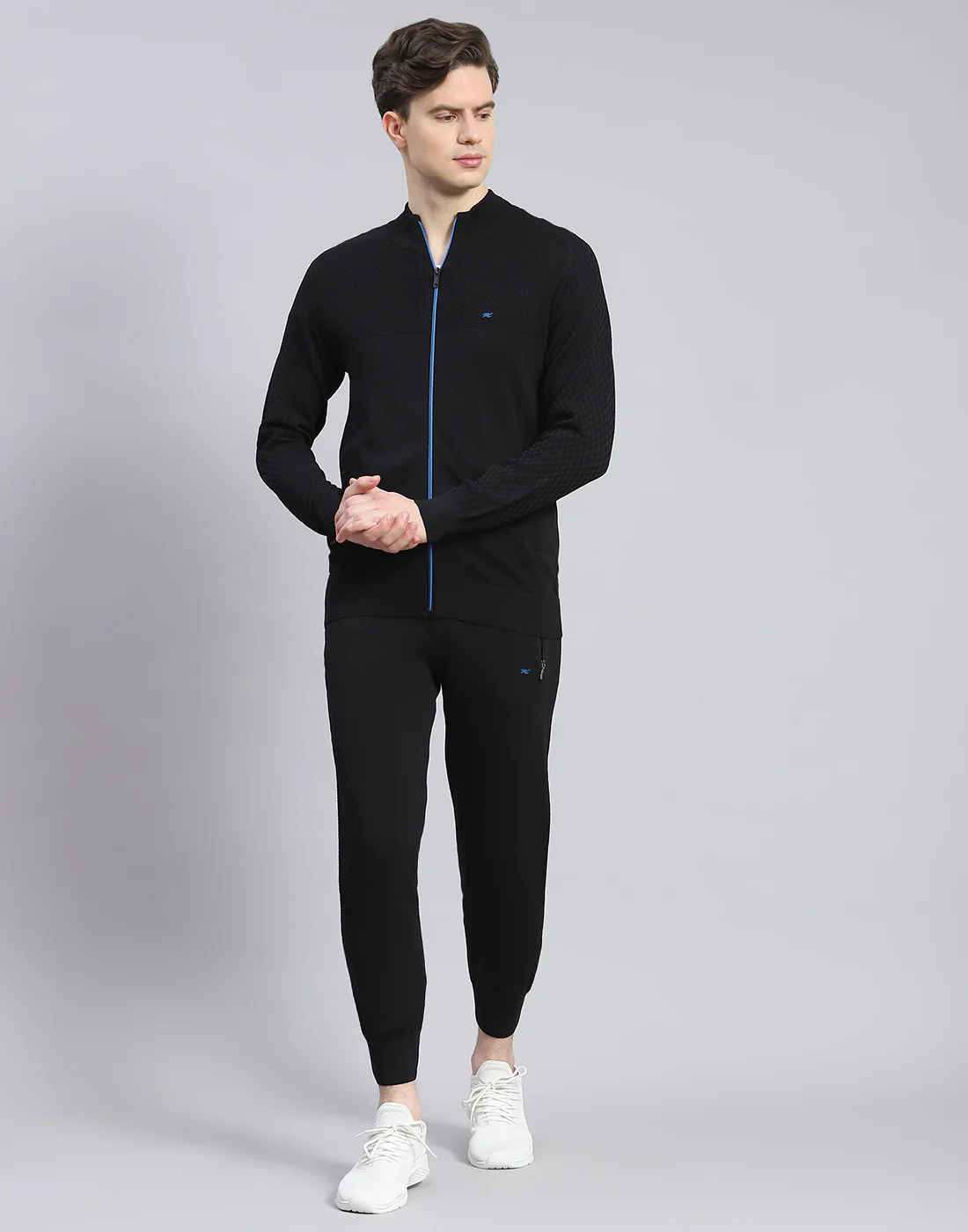 Men Black Self Design Stand Collar Full Sleeve Tracksuit - Image 2