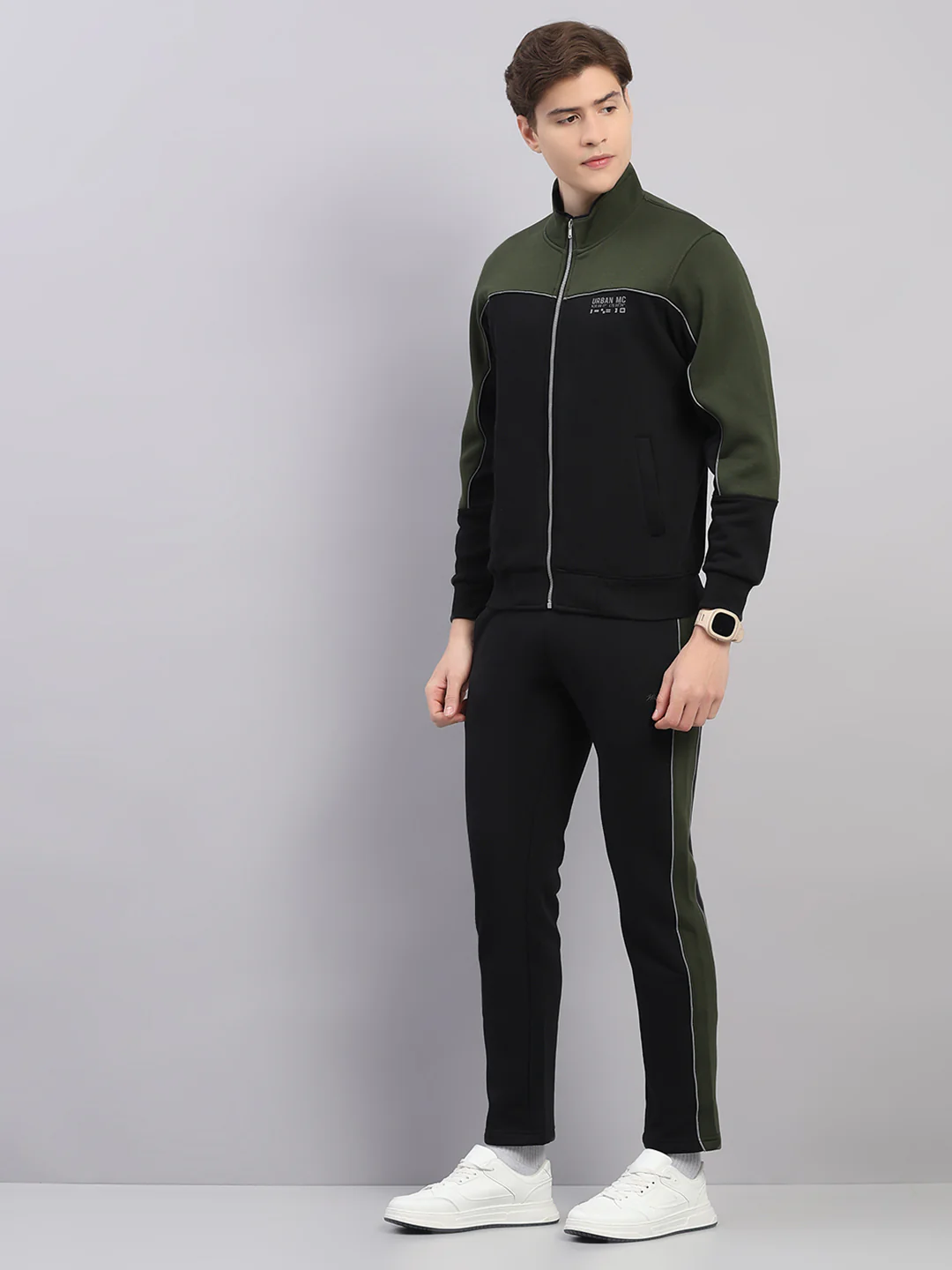Men Black Self Design Stand Collar Full Sleeve Winter Tracksuit - Image 3