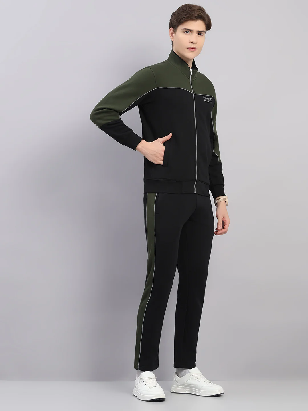 Men Black Self Design Stand Collar Full Sleeve Winter Tracksuit - Image 4