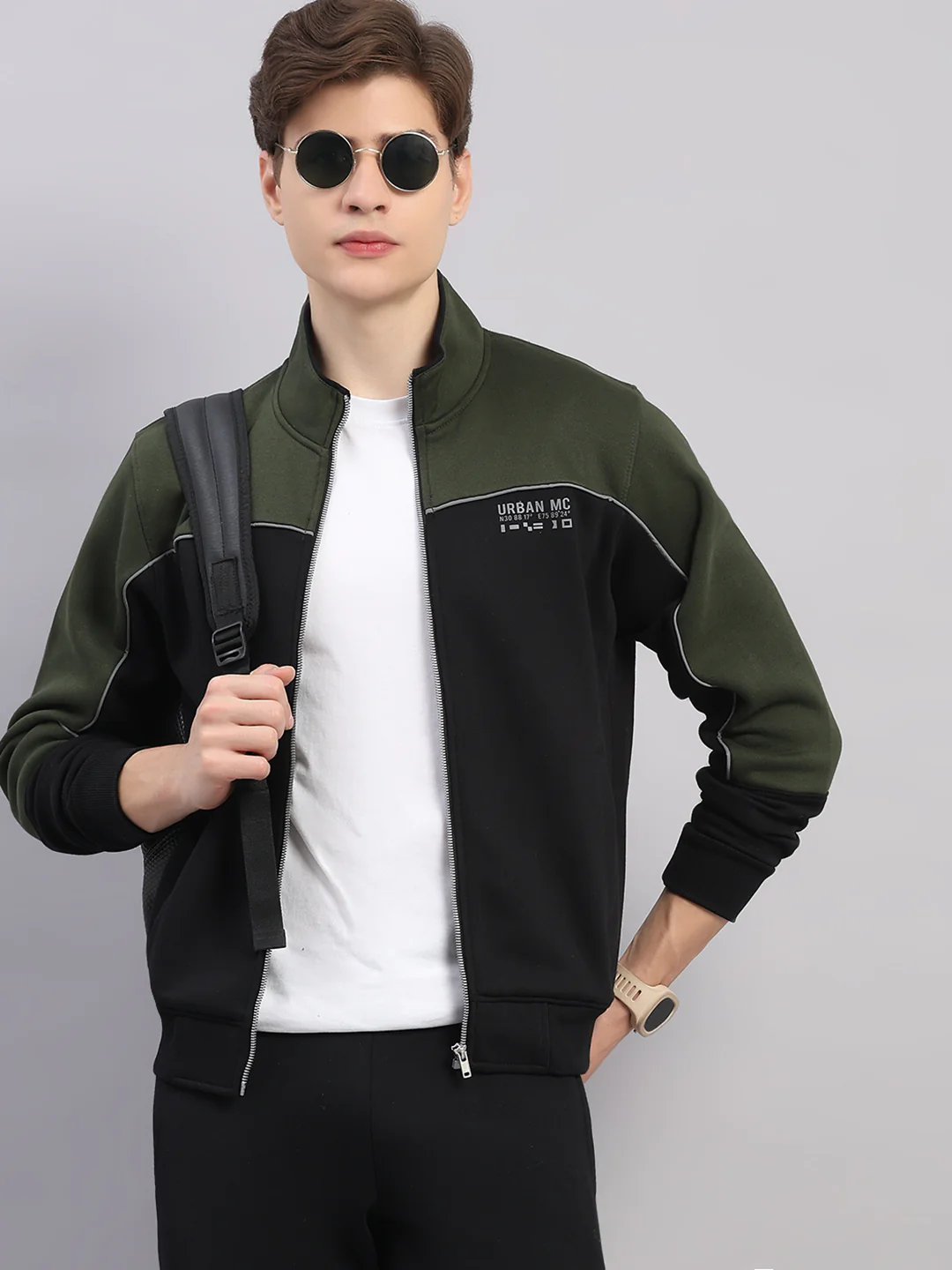 Men Black Self Design Stand Collar Full Sleeve Winter Tracksuit - Image 6