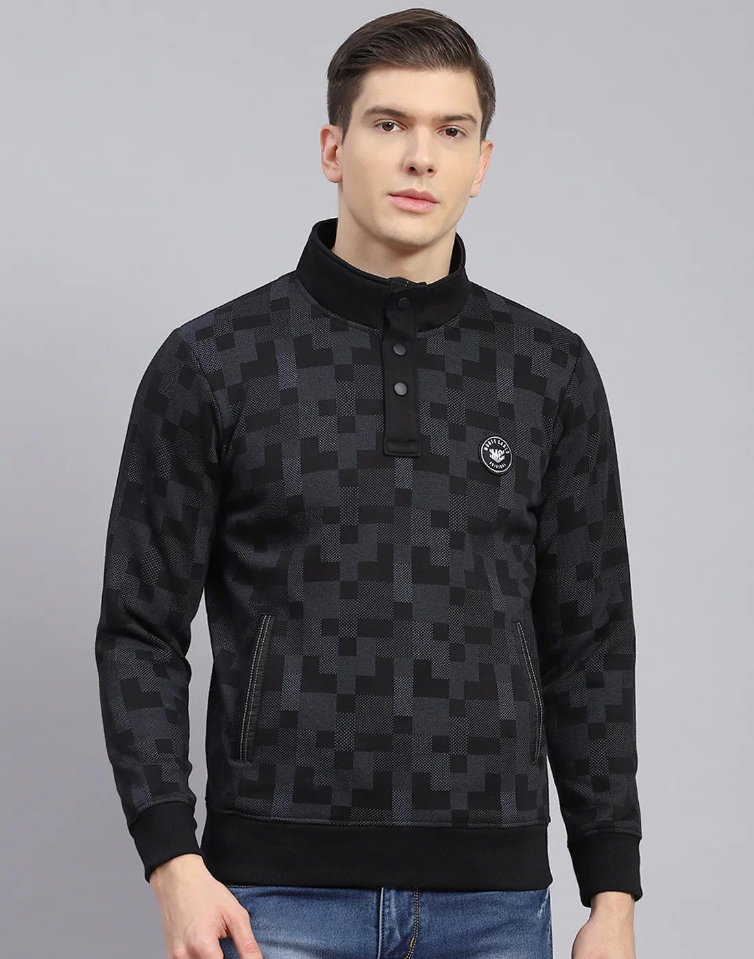 Men Black Self Design T Neck Full Sleeve Sweatshirt - Image 3