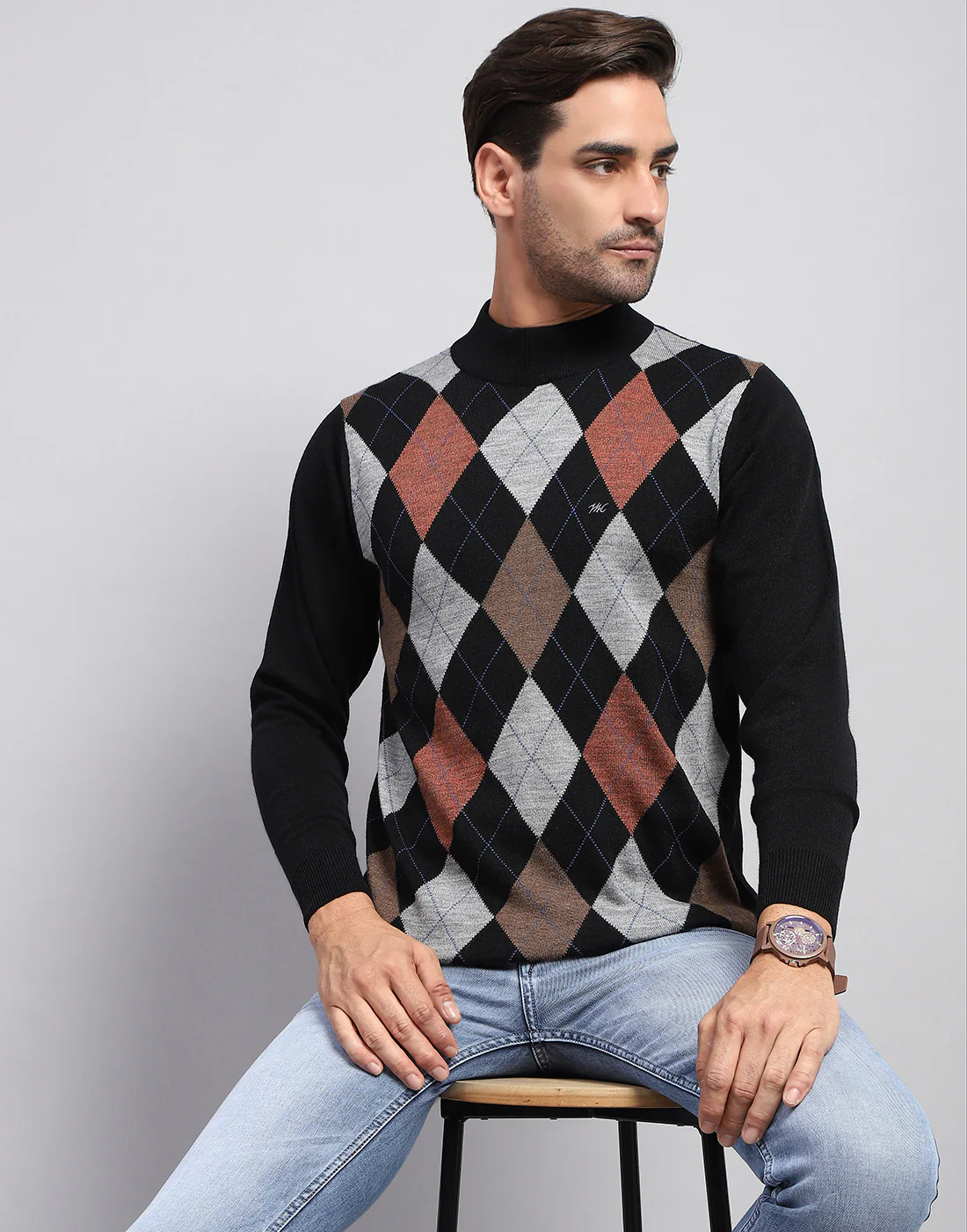 Men Black Self Design Turtle Neck Full Sleeve Pullover - Image 6