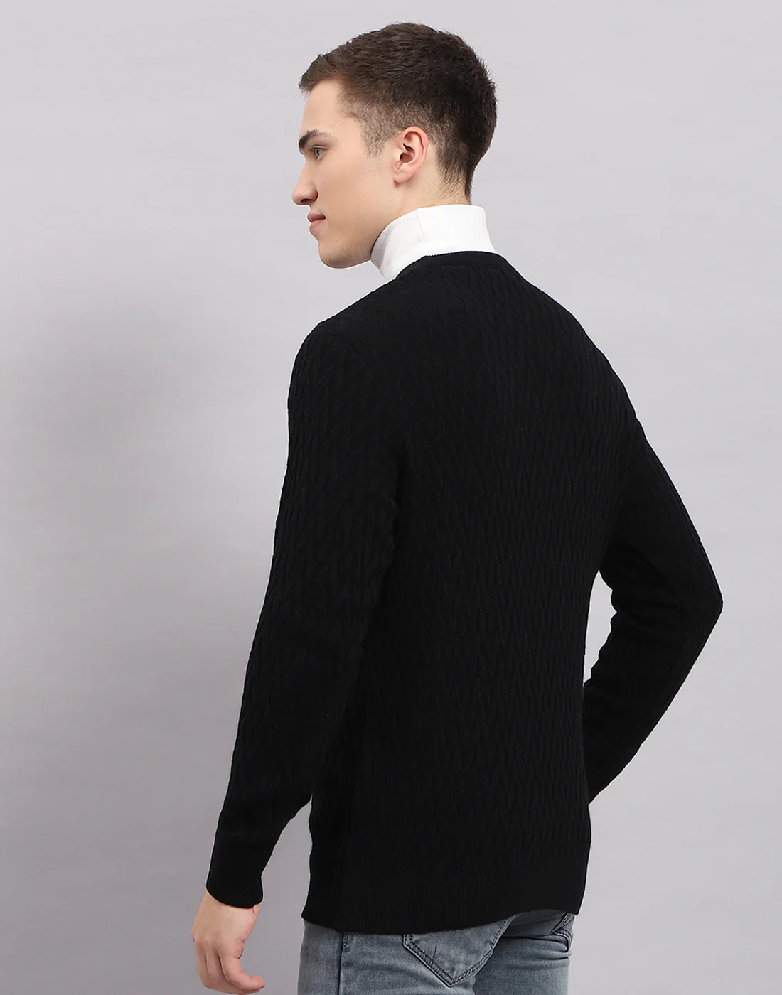 Men Black Self Design V Neck Full Sleeve Pullover - Image 5