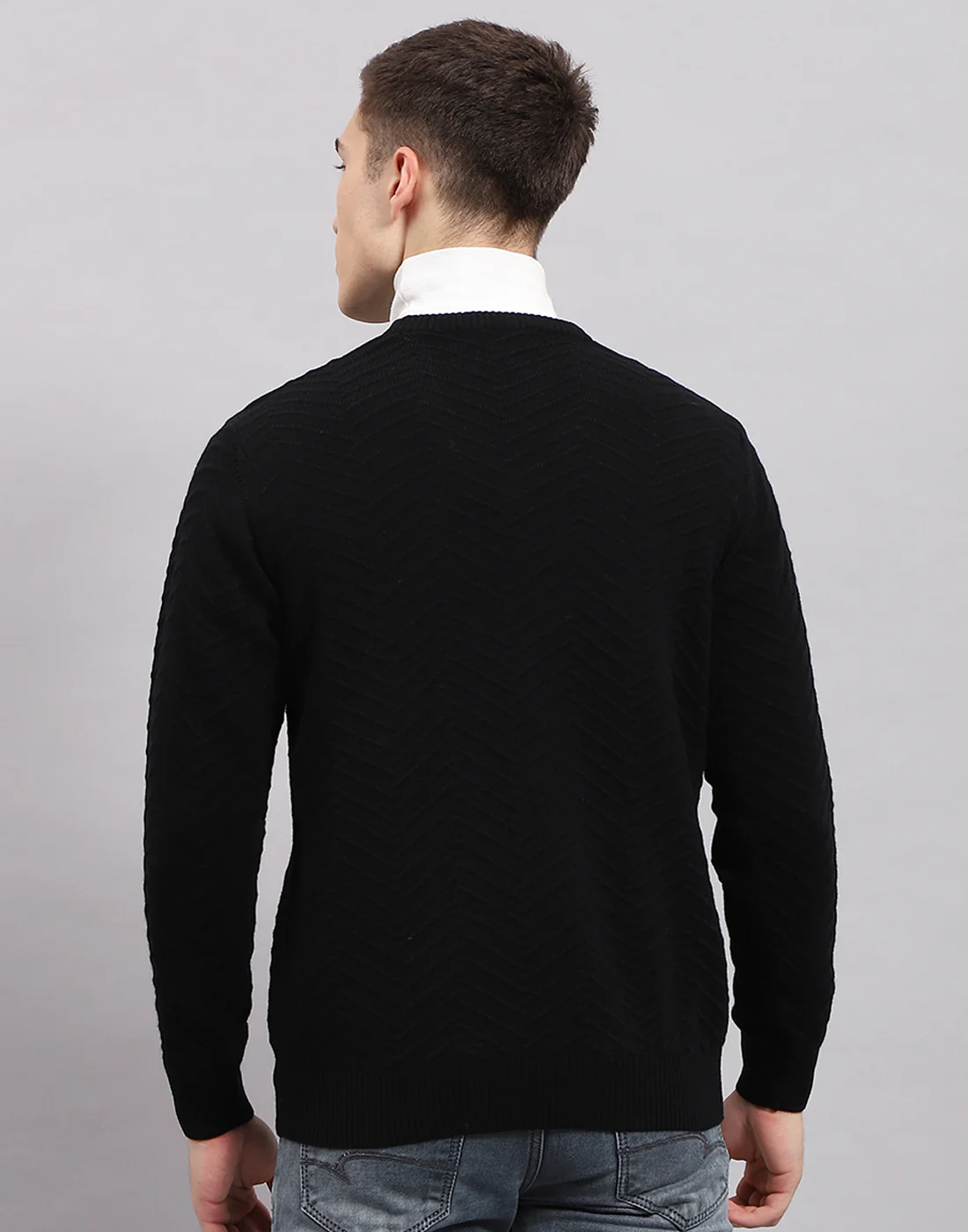 Men Black Self Design V Neck Full Sleeve Pullover - Image 5