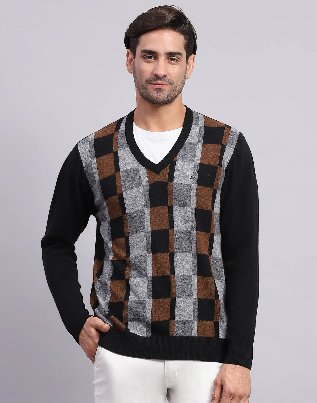 Men Black Self Design V Neck Full Sleeve Pullover - Image 2