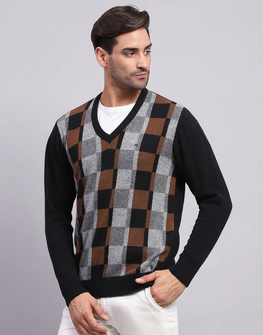 Men Black Self Design V Neck Full Sleeve Pullover - Image 3