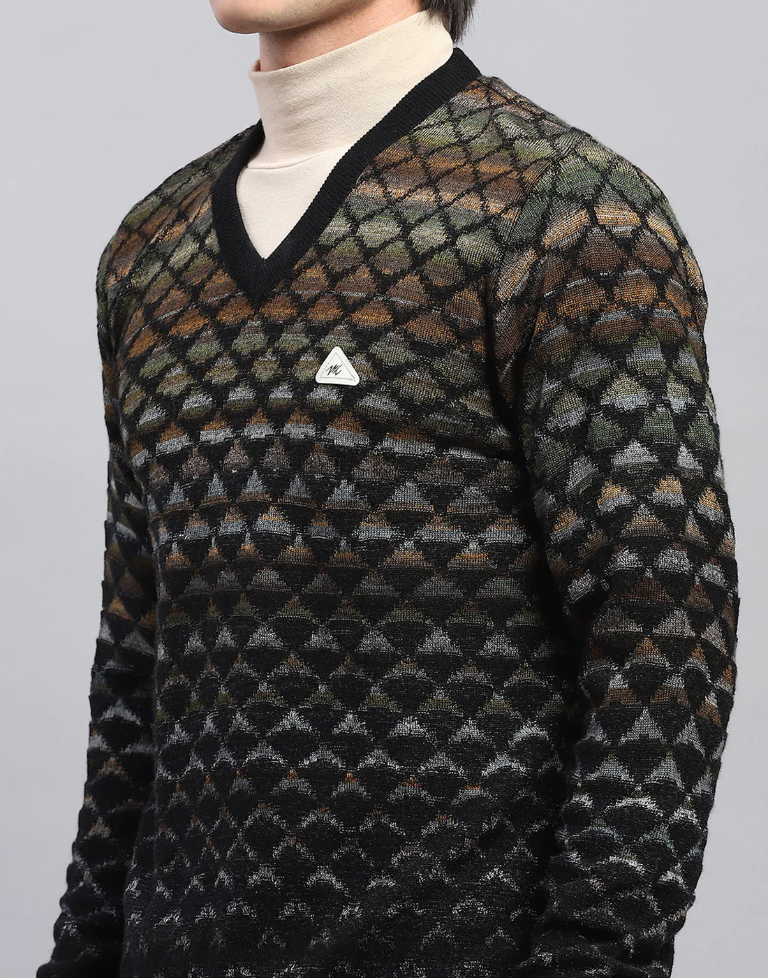 Men Black Self Design V Neck Full Sleeve Pullover - Image 5