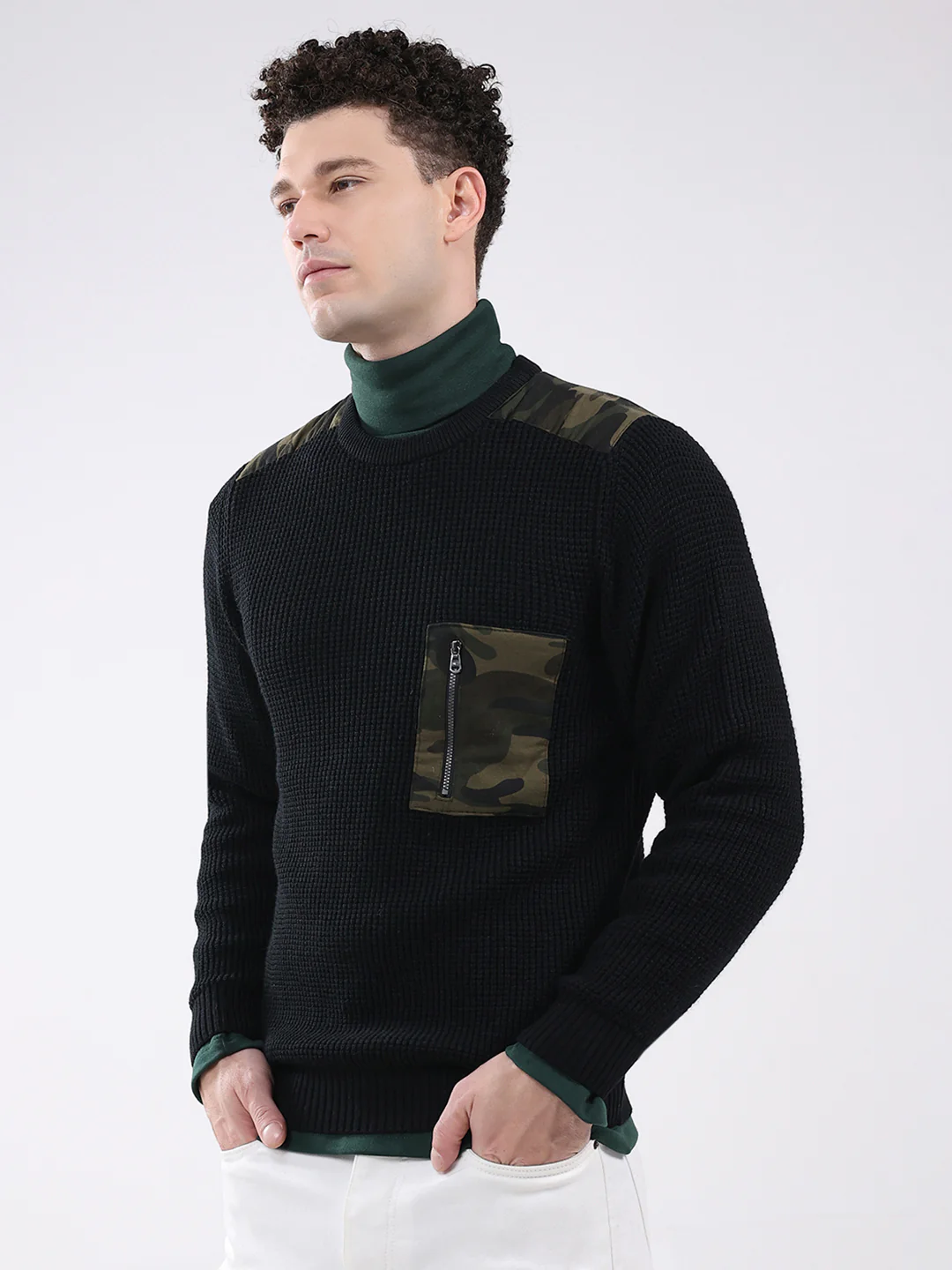 Men Black Self Design Round Neck Full Sleeve Pullover - Image 3