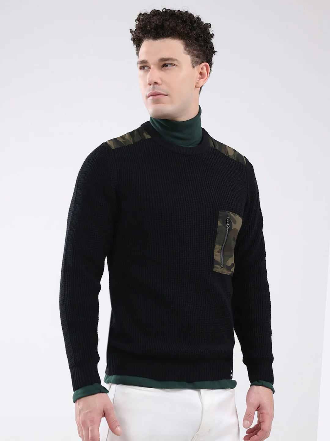 Men Black Self Design Round Neck Full Sleeve Pullover - Image 4