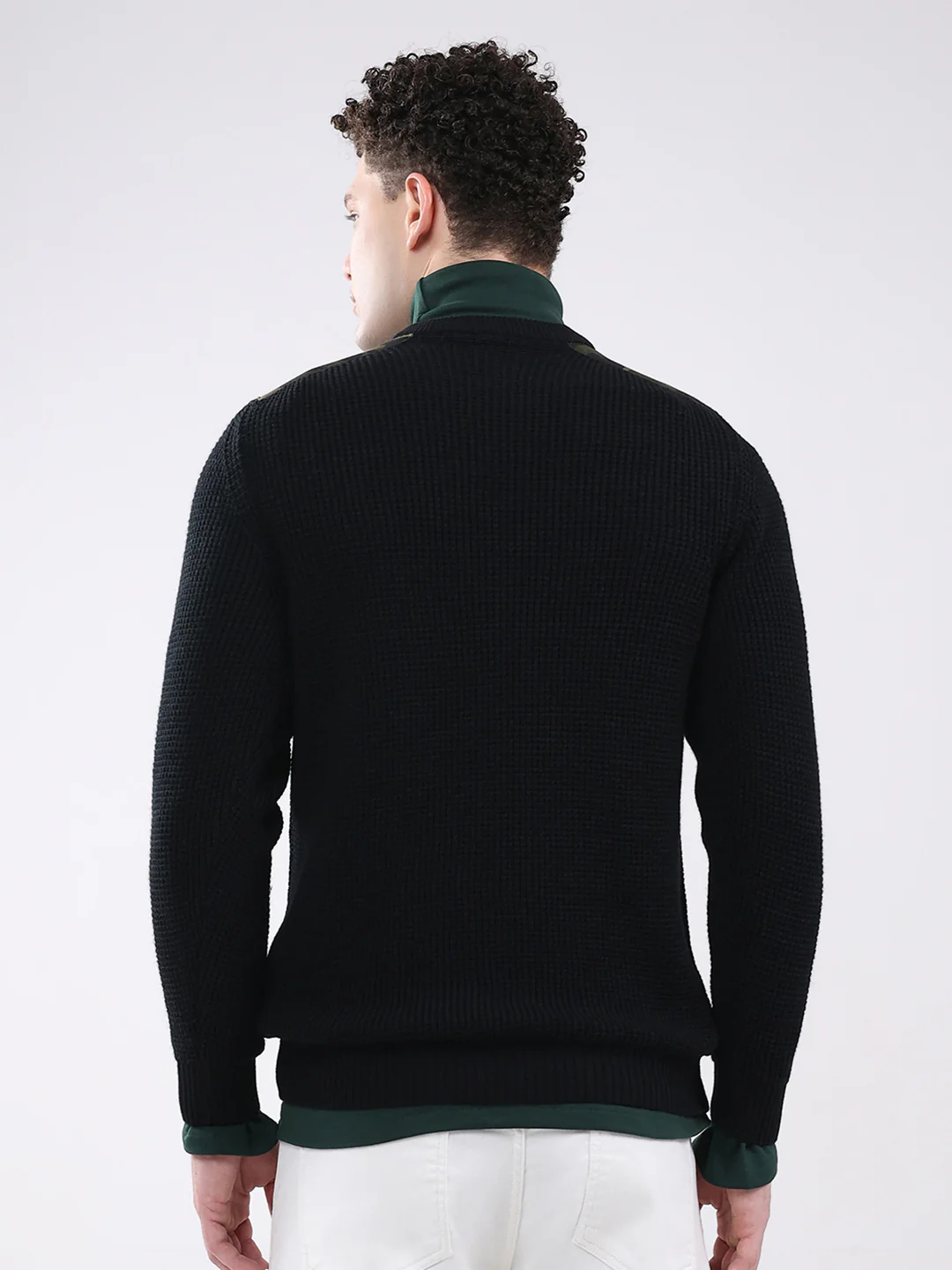 Men Black Self Design Round Neck Full Sleeve Pullover - Image 5