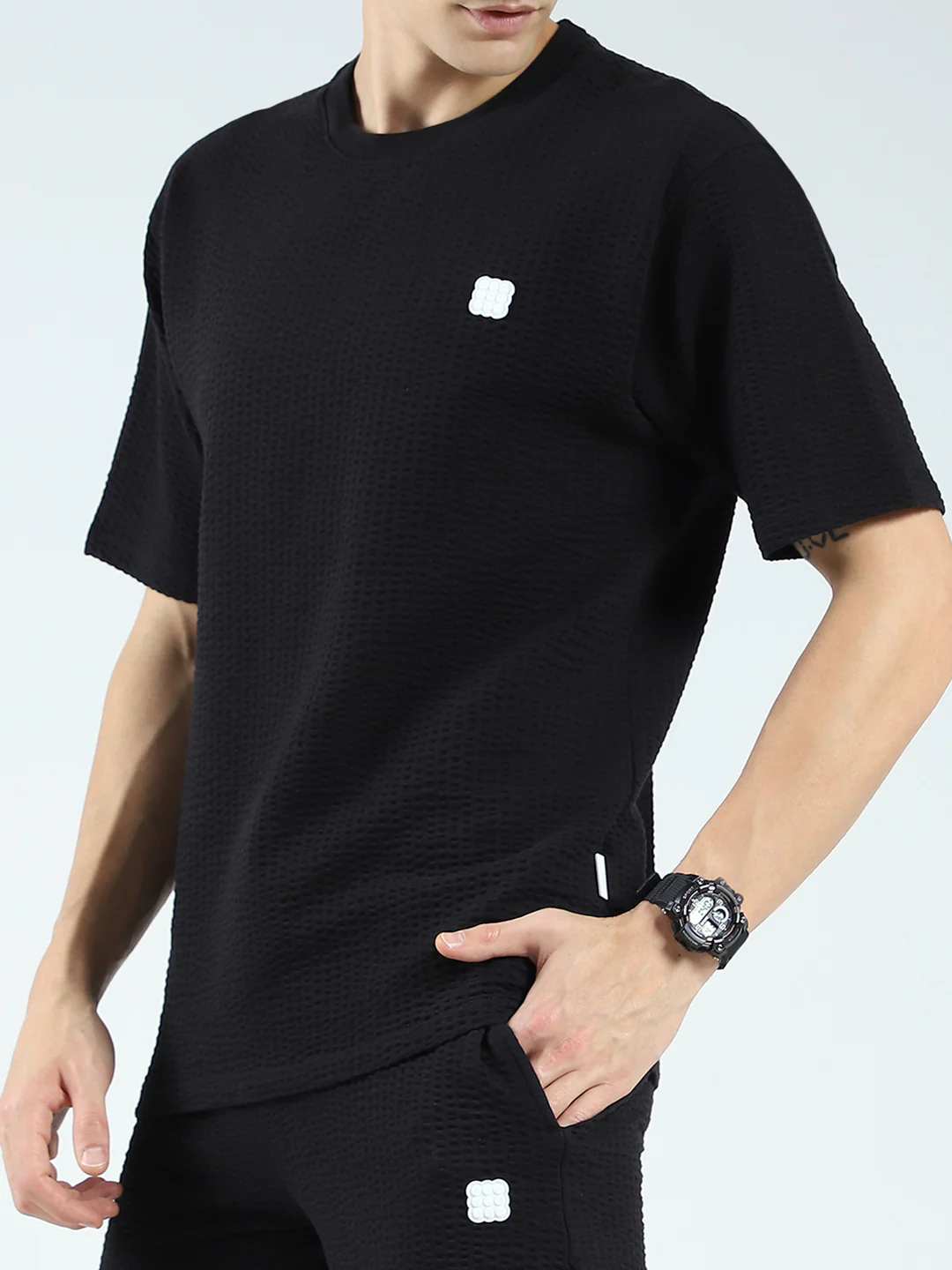 Rock.it Men Black Self Design Round Neck Half Sleeve Shorts Set - Image 8