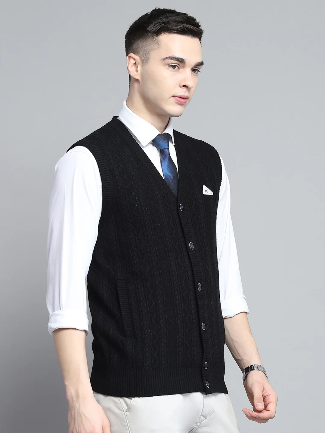 Men Black Self Design V Neck Sleeveless Cardigan - Image 4
