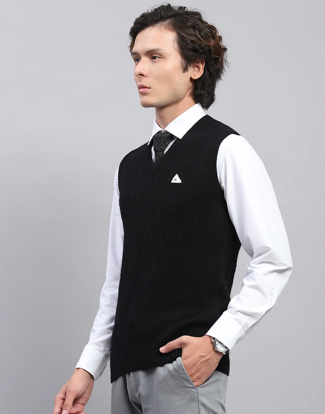 Men Black Self Design V Neck Sleeveless Sweater - Image 3