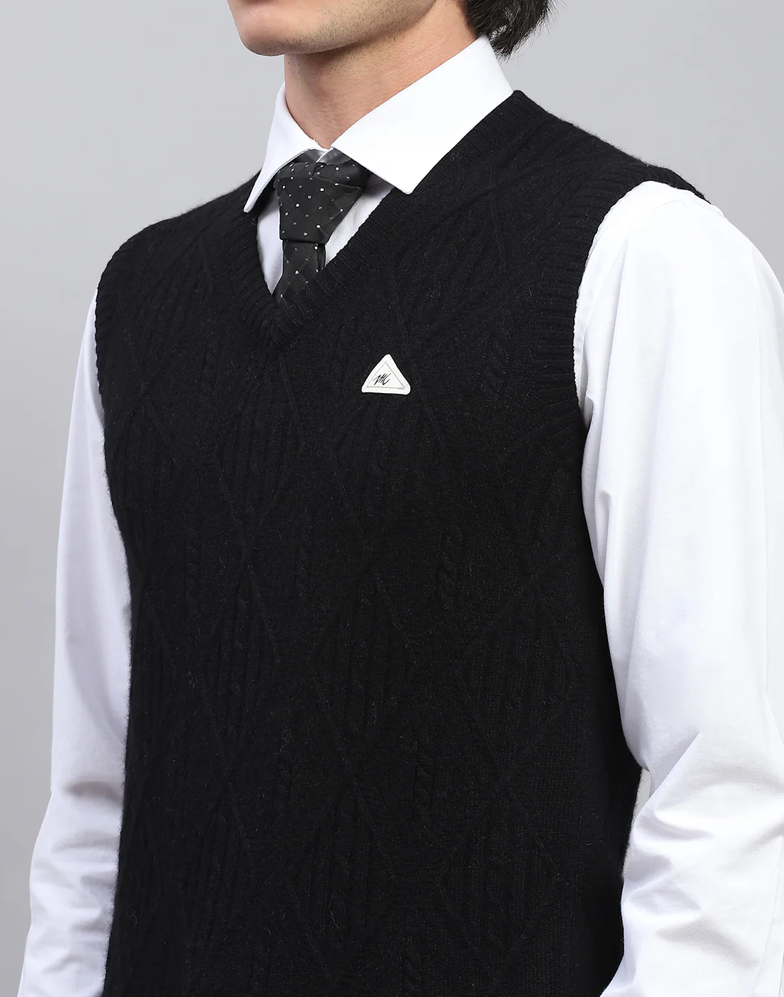 Men Black Self Design V Neck Sleeveless Sweater - Image 7