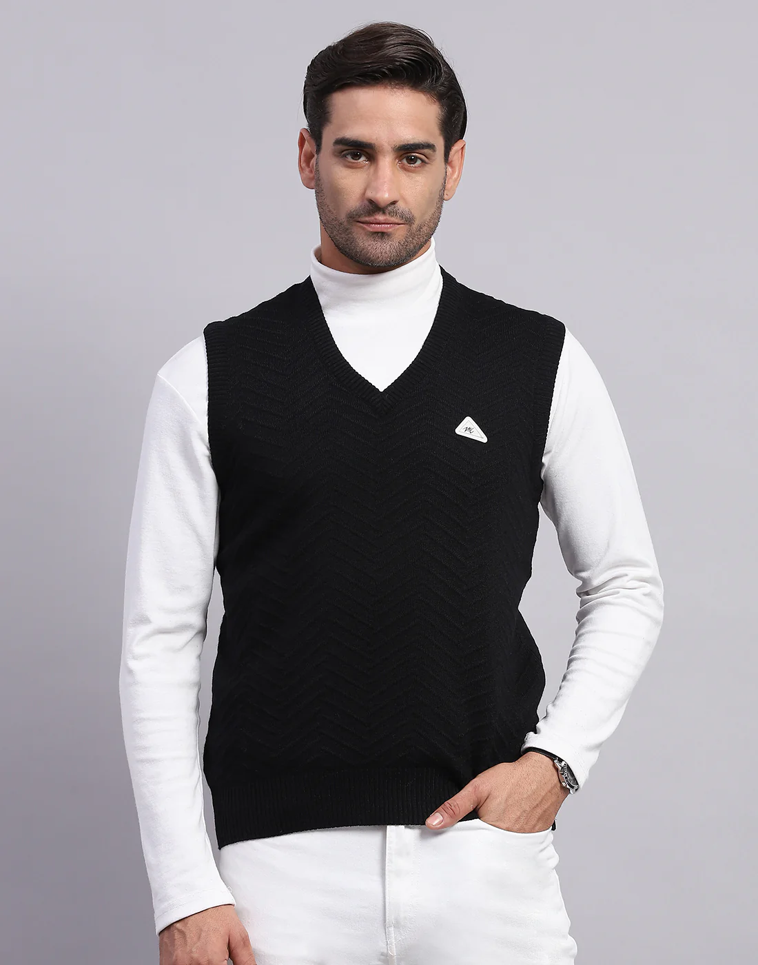 Men Black Self Design V Neck Sleeveless Sweater - Image 2
