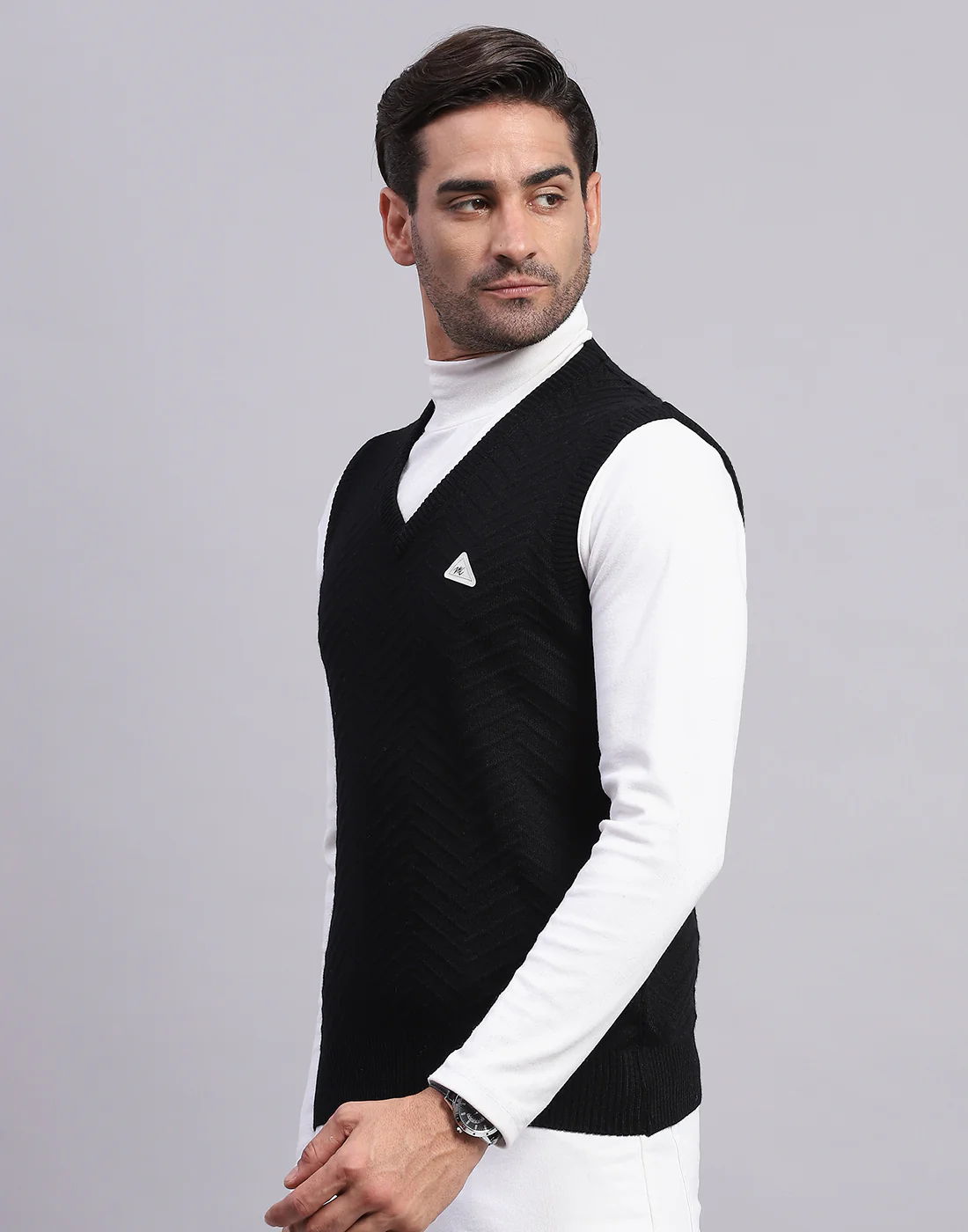 Men Black Self Design V Neck Sleeveless Sweater - Image 3